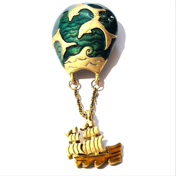 Vtg Signed Divine Enamel Hot Air Balloon Dolphins Ship Dangle Pin Brooch - Picture 1 of 3